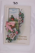 Easter Greeting Card 1930s Floral Ribbon House Scene Poem Vintage