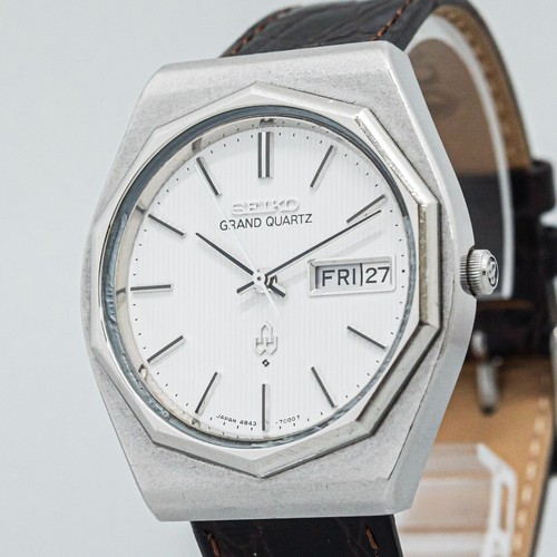 **NEAR MINT** SEIKO GRAND QUARTZ 4843-7001 White Dial Decagonal Bezel Mens Watch