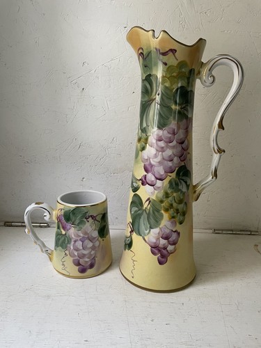 vintage Limoges Grapes 15 1/2" tall Pitcher with Cup gold rim no chips cracks - Picture 1 of 6