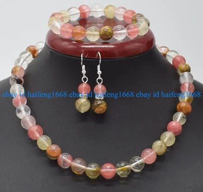 Natürlich Wassermelonen Turmalin Rund Perlen Halskette Armband Ohrringe Set - Bild 1 von 4