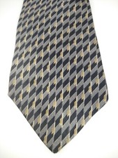 DKNY 100 Silk Tie Black Gold Silver Diagonal Checkered Pattern EUC