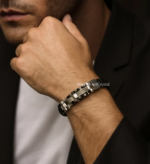 Black Braided Leather Silver Stainless Steel Cuban Link Bracelet Business Men - Image 2 of 4