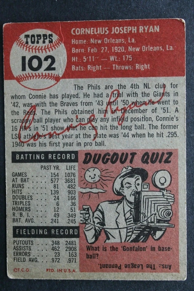 Connie Ryan (d.1996) Autographed 1953 Topps #102 Signed Vintage Card - Image 2 of 2