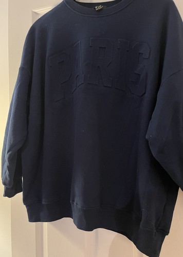 Forever 21 PARIS Women’s Sweatshirt Large Embossed Navy Blue Pullover Crew Neck - Picture 13 of 20