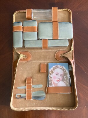 Vintage Mens 1930/1940 Leather Travel Toiletry Kit, Camel