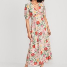 Old Navy Maxi Dress XL Linen Twist Floral Blend Adjustable Tie Waist Keyhole