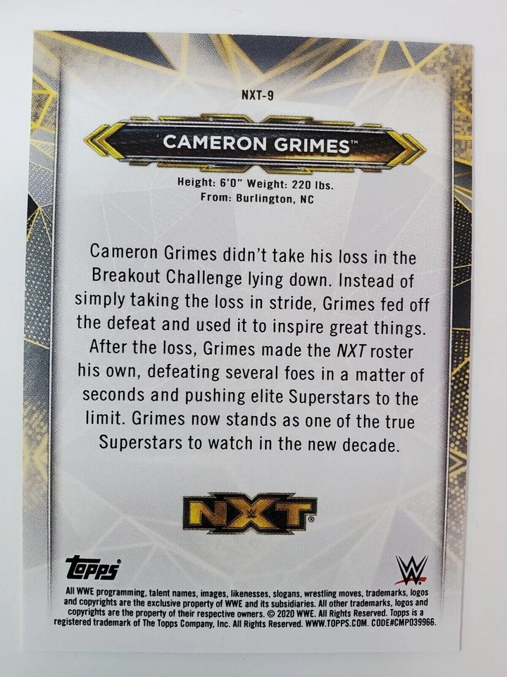 2020 Topps WWE NXT - #NXT-9 CAMERON GRIMES (RC) ROOKIE - Image 2 of 2