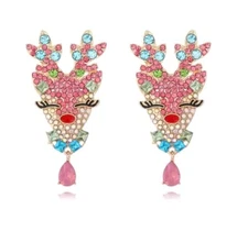 christmas Earrings Reindeer Pink fashion jewelry NEW Free Shipping 2.4 Inch