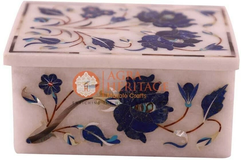 3"x2"x2" White Jewelry Lidded Box Lapis Floras Marquetry Art Halloween Gift Deco - Image 2 of 4