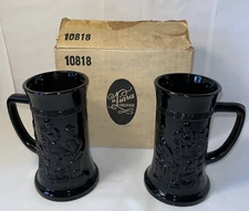2 Black Glass Pedestal Mugs Tankard Handled Amethyst Tiara Indiana 10818 Boxed