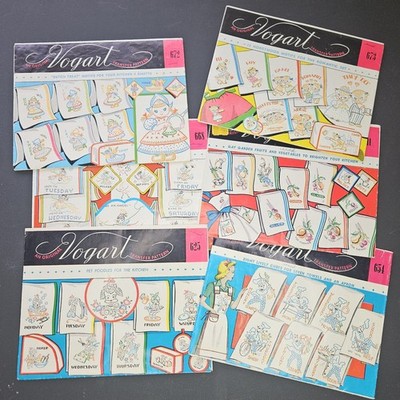 6 Used, Cut Vintage Vogart Transfer Patterns Kitchen, Tea Towels, Cute Kitsch