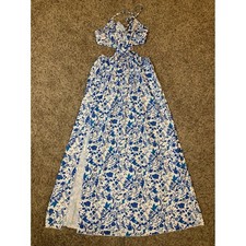 SHEIN White Blue Floral Bird Print Cutout Maxi Dress Halter Neck Size S