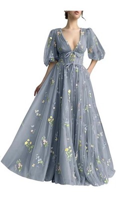 Elegant Slate Blue Floral Maxi Dress with Corset Back