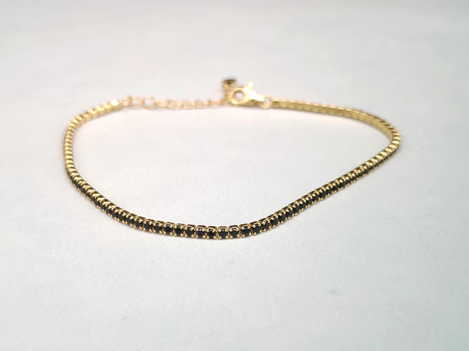 Bracciale tennis argento 925 placcato oro giallo zirconi uomo donna zirconi neri - Immagine 2 di 4