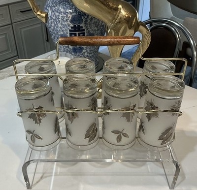 Vintage Libbey Silver Leaf Foliage 12 Oz Tumbler Glasses Set Of 8 + Carrier