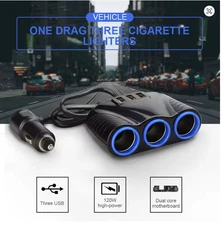12V-24V 3-Way Car Cigarette Lighter Socket Splitter Power Extension Plug