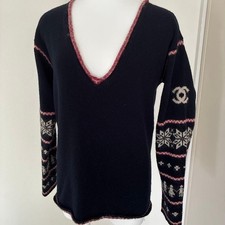 Chanel Knit Sweater V-Neck Nordic Pattern Coco Mark Navy Long Sleeve Mint