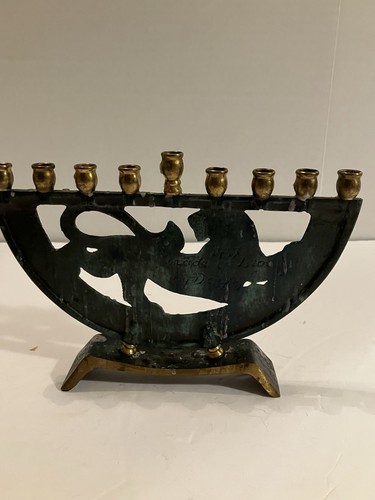 Vtg Israel Dayagi Brass & Verdigris Enamel Menorah Lion Of Judah 12 Tribes 1937 - Picture 7 of 12