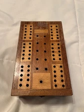 Antique Folding Wooden Cribbage Board w/ Inlay & Original Bone Pegs ~ Victorian