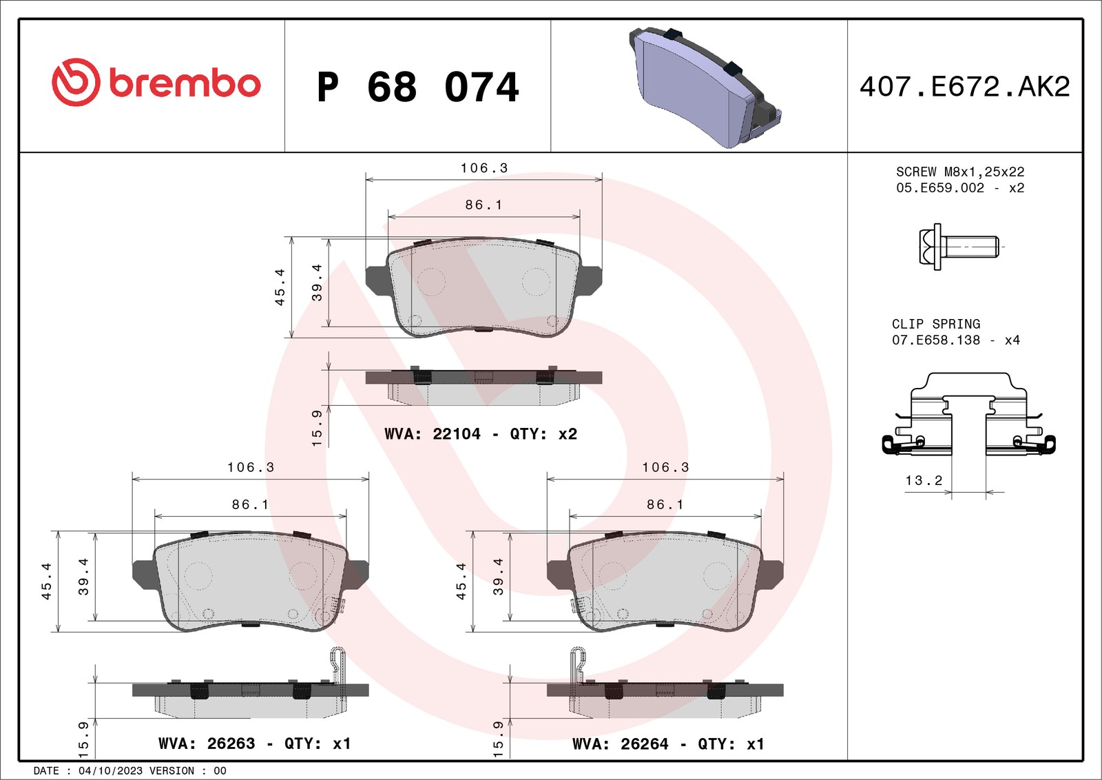 Brake pads P 68 074 BREMBO for RENAULT ZOE TALISMAN TALISMAN Grandtour CAPTUR II - Image 13
