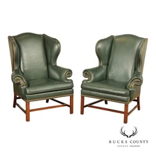 Whittemore Sherrill Chippendale Style Pair Of Green Leather Wing Chairs