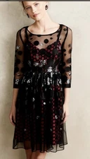 Plenty By Tracey Reese Black & Red Sequin Dot Estella Mesh Dress Open Back Size