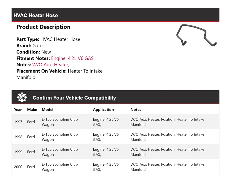 Puertas de manguera de calefacción de climatización para Ford E-150 Econoline Club Wagon 1997-2000 1998 1999 Foto 2 de 4
