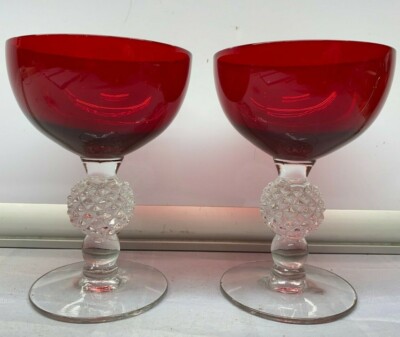 2 Pc Ruby Red Crystal Wine Glasses Christmas Footed Goblet 5'' Clear Ball Stem 10