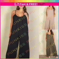 Womens Solid Full-Length Sleeveless Spaghetti Strap Wide Leg jumpsuit w/Pockets