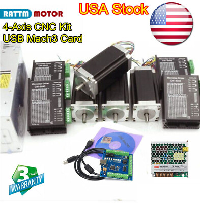 「US」4 Axis Nema 23 Stepper Motor Driver 2.8N.m 425oz.in Driver USB Mach3 CNC Kit