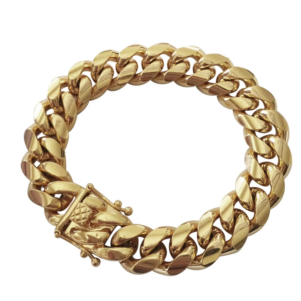 Mens 14mm 14k Gold Plated Miami Cuban Link Bracelet 8.5'' Solid Stainless Steel  - Image 3 of 4