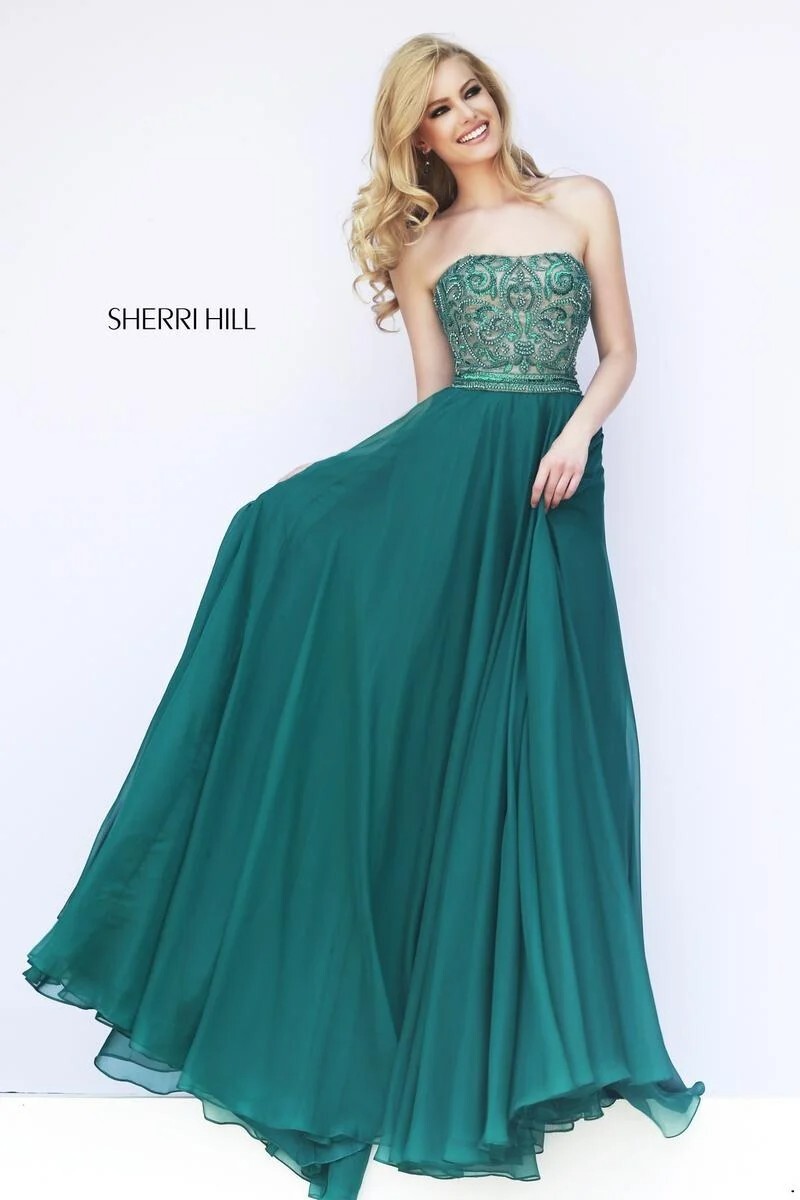 slim fit dress slacks Sherri Hill Strapless Satin Corset Prom Dress 56161 main image 1