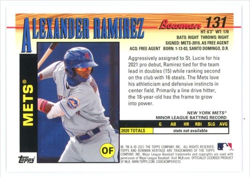 2021 Bowman Heritage Black & White Parallel Alexander Ramirez Mets #121 - Picture 2 of 2