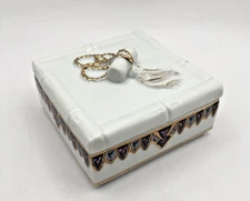 VTG Elizabeth Arden Chinoiserie Porcelain Bamboo Powder Trinket Box Gold Plated