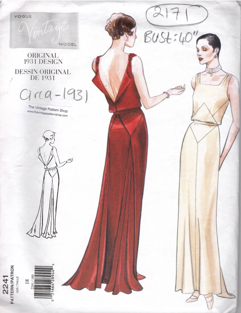 1931 Vintage Vogue Sewing Pattern B40in DRESS (2171) Vogue 2241