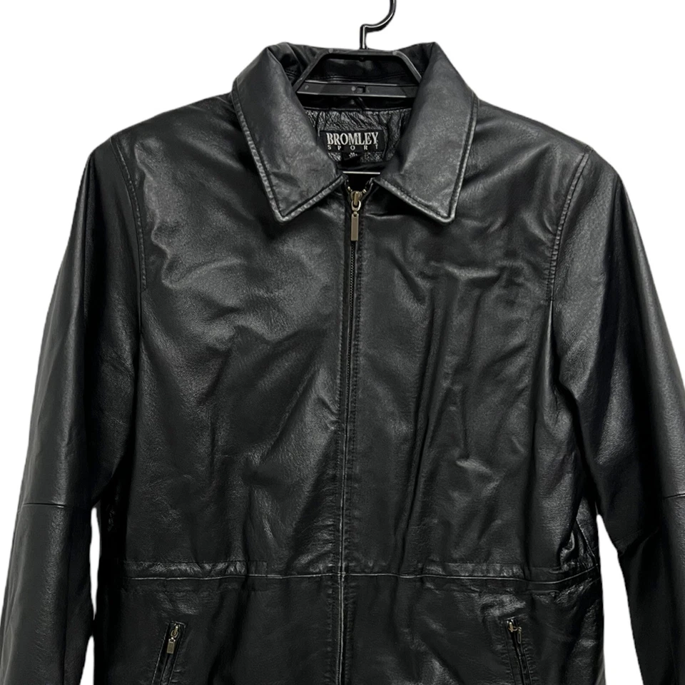 Bromley Sport Hombre 100% Cuero Abrigo Negro Cremallera Completa Forrado Sherpa Talla M Foto 2 de 4