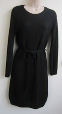 H&M Cable Knit Crew Neck Belted Knee Length Black Soft Sweater Dress ~ Size S
