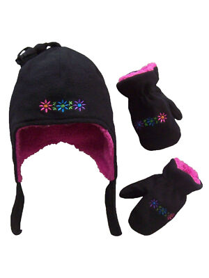 NICE CAPS Little Girls and Baby Sherpa Lined Fleece Floral Hat Mitten Winter Set