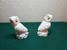 Vintage Horned Owl, White Salt Stone W/Yellow Eyes Stone Carved,(LOT of 2) As-Is