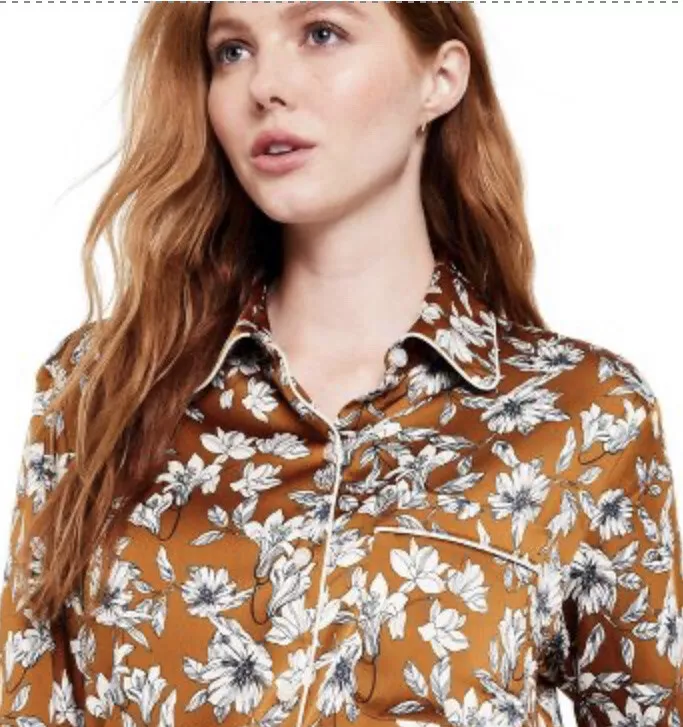 La Ligne x Target Blouse Medium Floral Button Front Long Sleeves Brown Print NWT