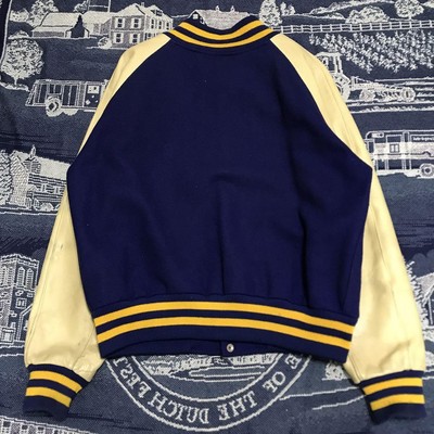 90s Archive Stadium Jacket USA Made Blue Beige Wool Leather Size 