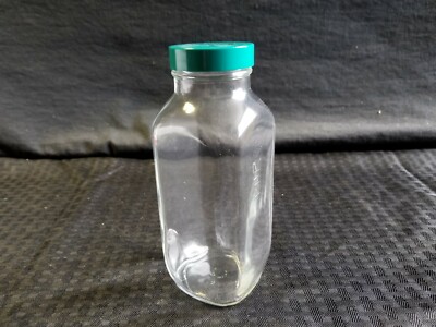 (4) Qorpak 16oz Glass French Square Wide-Mouth Bottle With Green Cap, GLC-01364