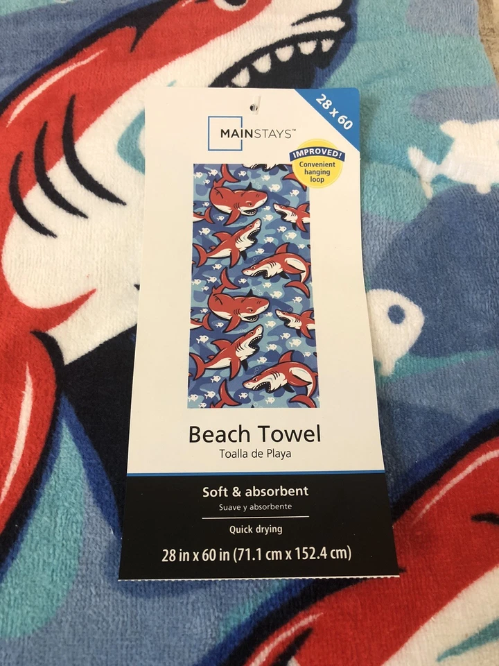 Nueva Toalla de Playa Estampado de Tiburón Niños Niño Niña Azul Rojo Piscina 28x60 Suave y Absorbente Foto 2 de 4