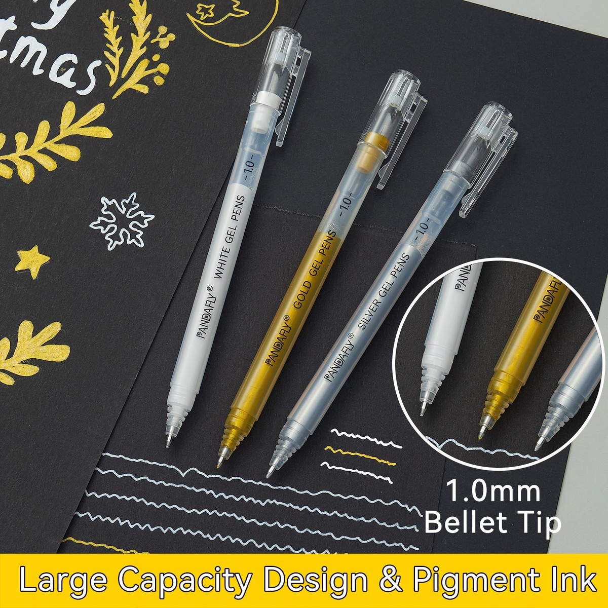 Brusarth Fine Point Gel Pens - 1mm Opaque White, Gold, Silver Ink For Black Paper & Crafting (8 Pack) - View #4