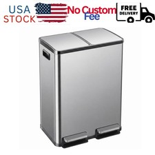 60L Trash Can, Dual Compartment 2x8 Gallon Stainless Steel Garbage Bin with...