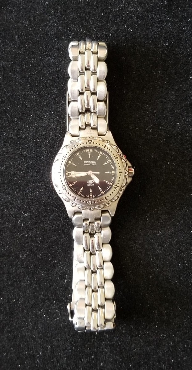 Fossil Am-3110 Silver Tone Black Faced Women's Watch 50m a