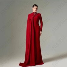 High Neck Long Sleeves Formal Evening Gown Beading Satin Dresses Mermaid