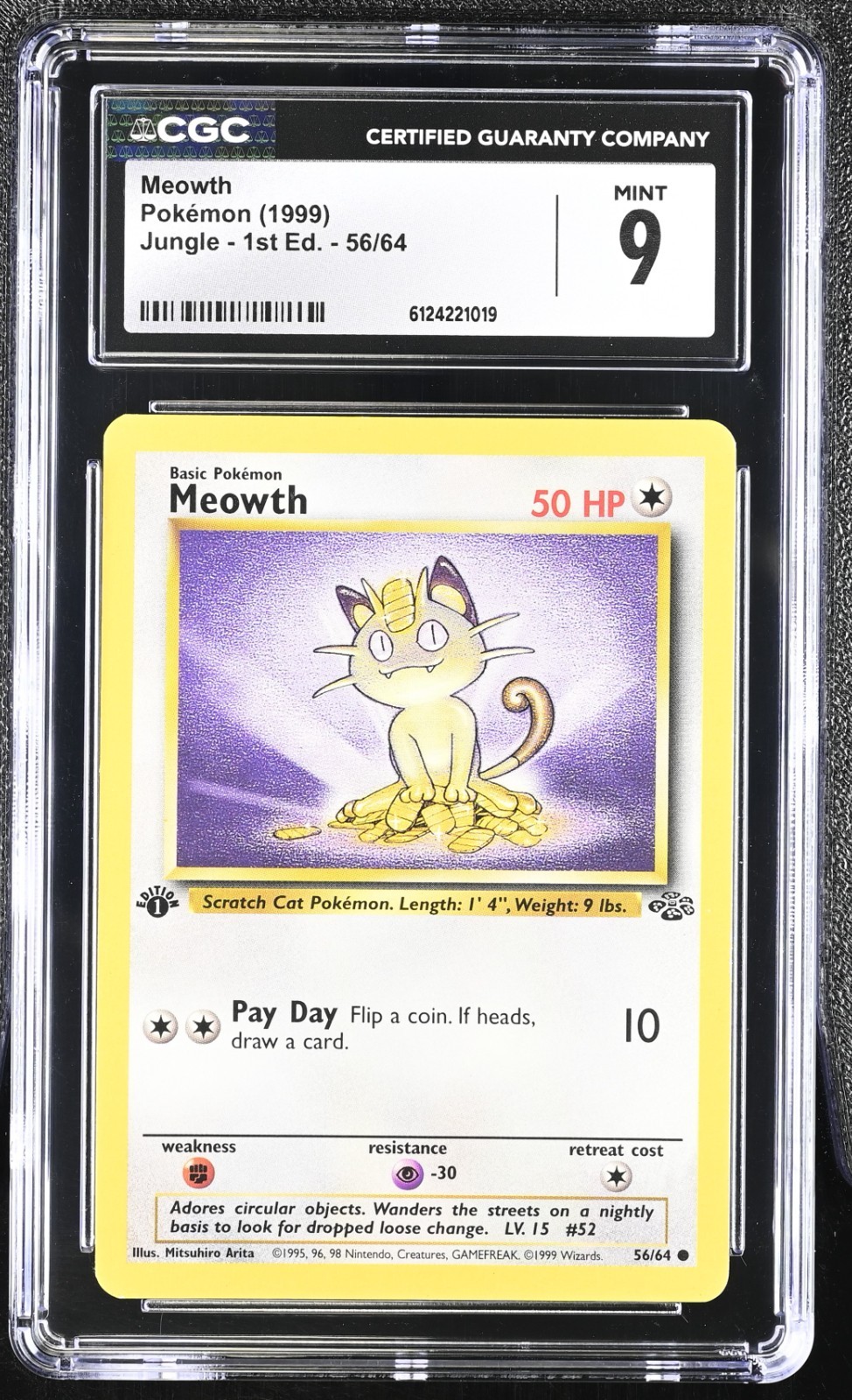 1st Edition Pokémon English Meowth 56/64 1999 Jungle - 1st Edition Vintage CGC 9
