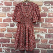 Max Studio Dress Womens Small Red Cottage Ditsy Floral Smocked Empire Waist
