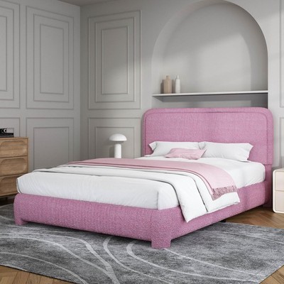 Queen Boucle Upholstered Platform Bed with Headboard No Box Spring Rose Pink